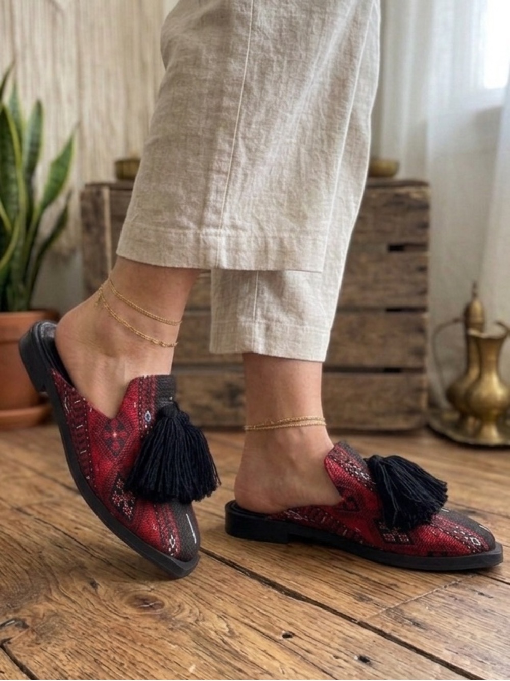 La Femme Handmade in Italy Red Tassel Mules Size 37/7